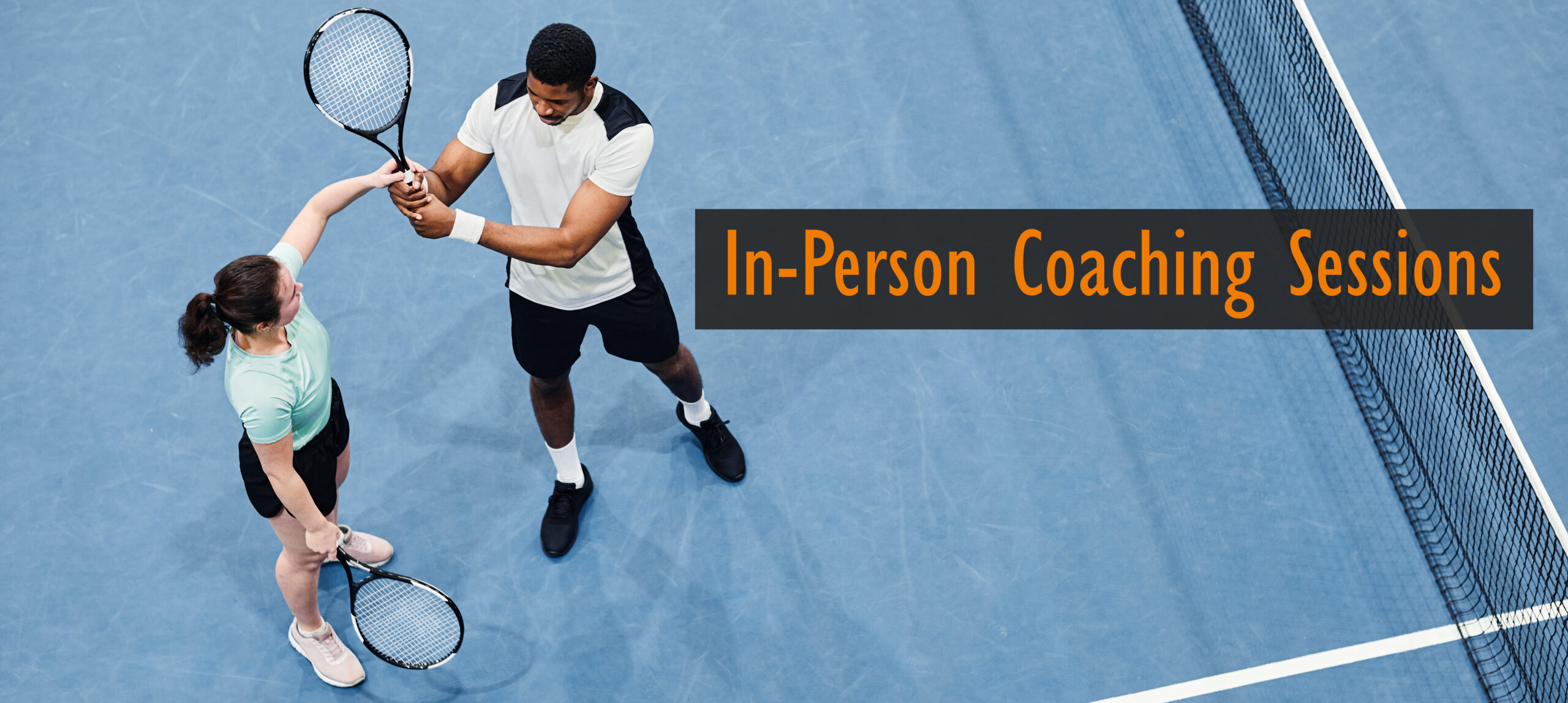 In Person Coaching Scheduler Hero with coach adjusting student's racket grip